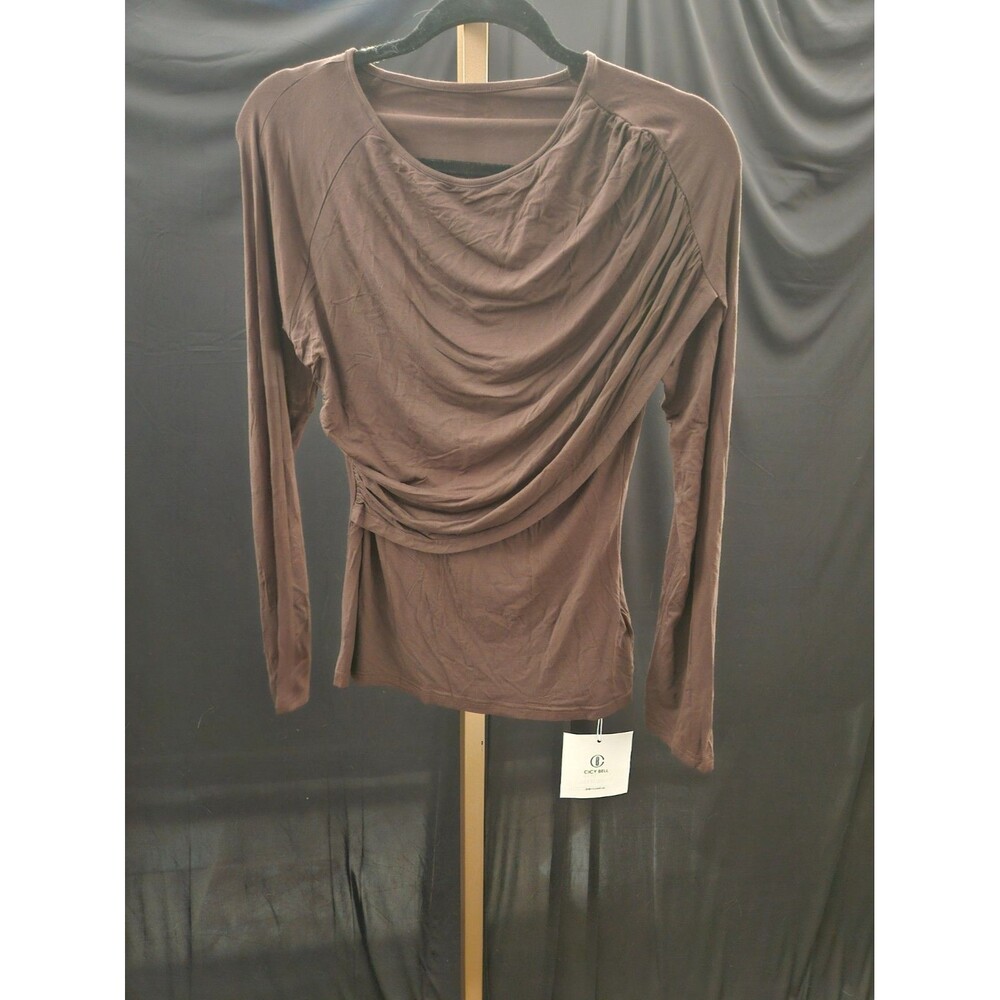 CICY BELL MED COFFEE LONG SLEEVE RUCHED FRONT SHIRT NWT